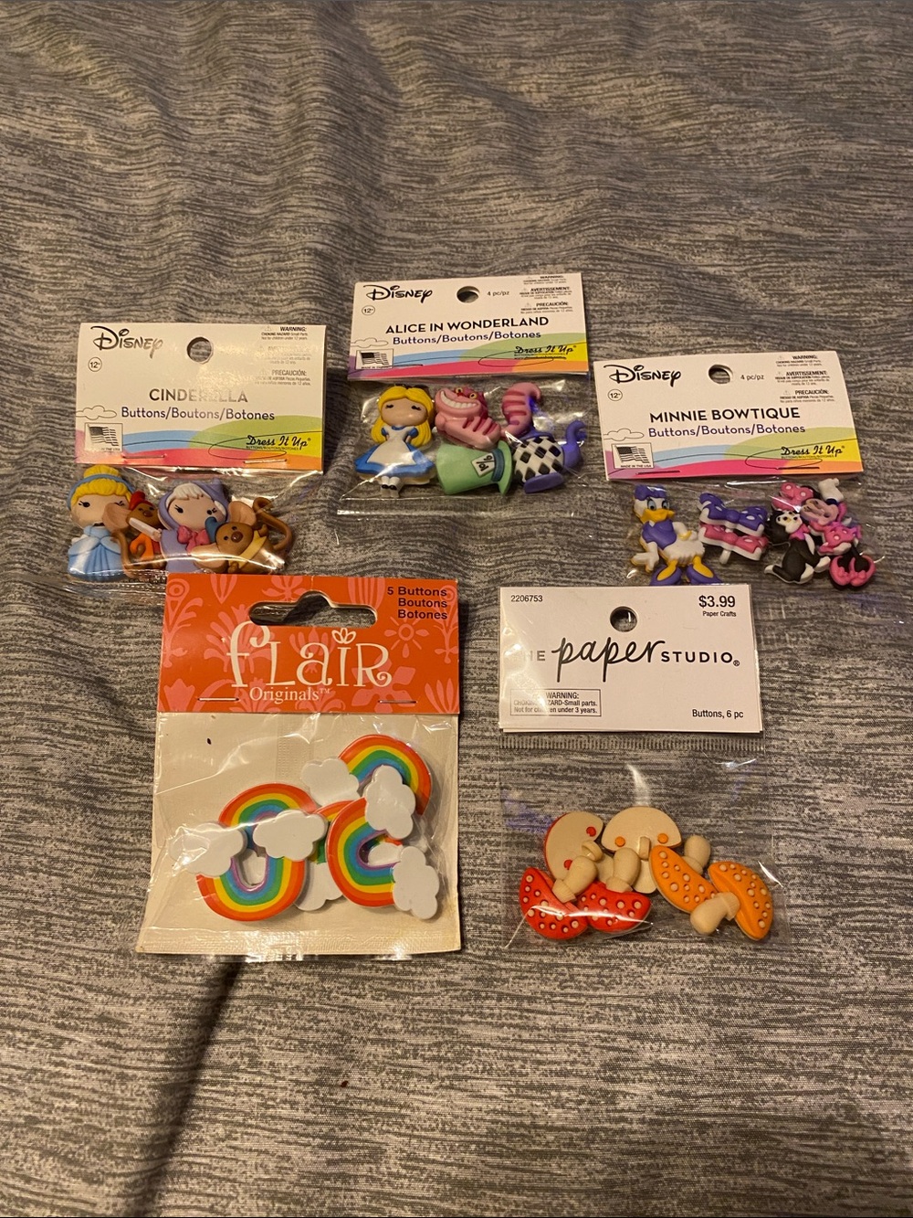 5 Packs of Buttons Dress It Up & More Disney Buttons Mushroom Buttons NEW